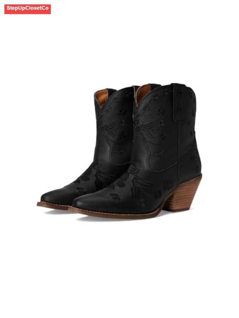 Leather Embroidered Snip Toe Ankle Booties Block Heel Pull-On Casual